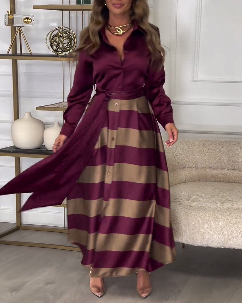 Levoire | Robe Élégante À Rayures Imprimées Avec Revers Et Ceinture