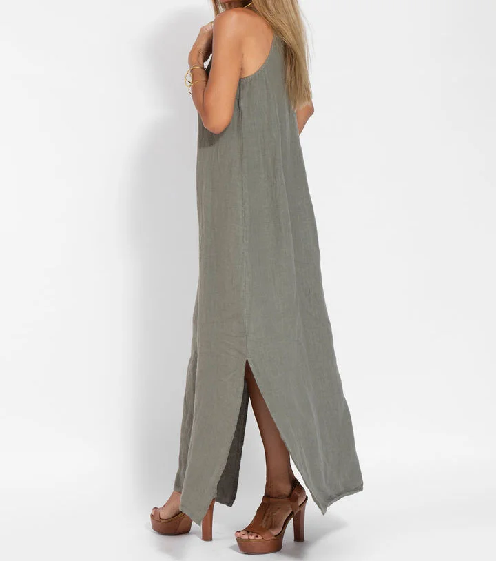 Levoire | Élégante Robe Longue Sans Manches en Coton et lin de Couleur Unie