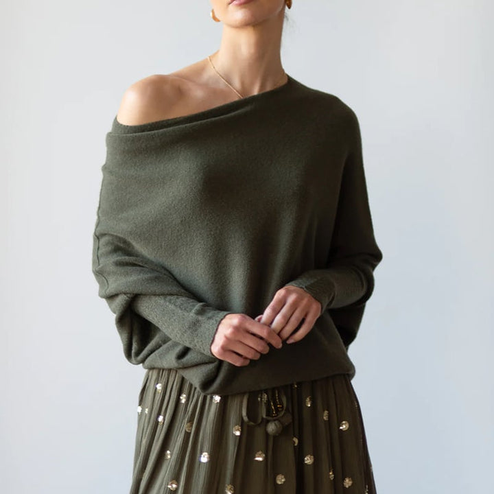 Levoire | Pull En Cachemire À Épaules Dénudées Pour Femmes Vert armée Une taille