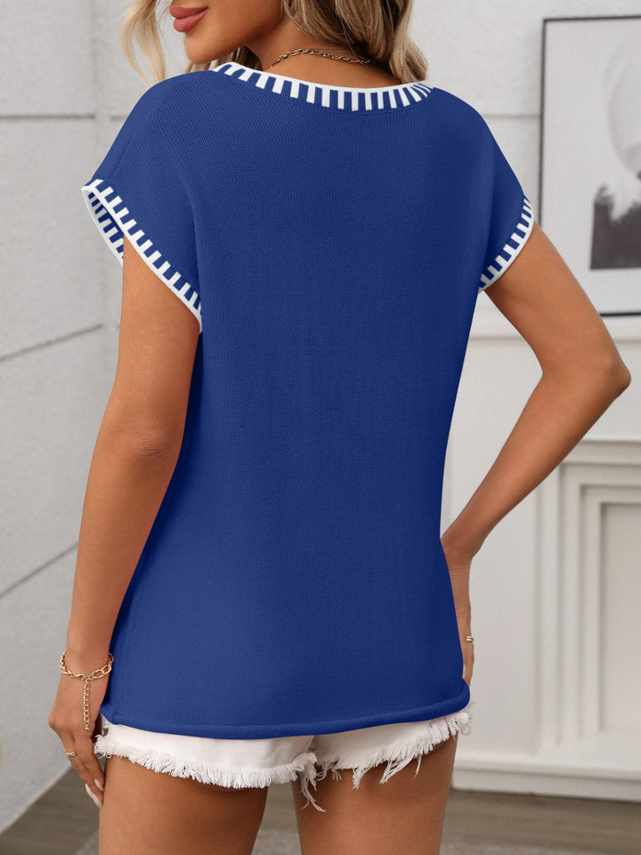 Levoire | Couleur Bord V Décolleté Manches Courtes Haut En Tricot Décontracté Chic