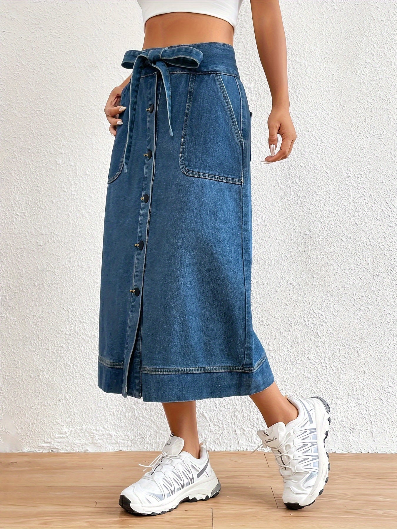 Levoire | Jupe Midi En Denim Uni Avec Ceinture À Nouer