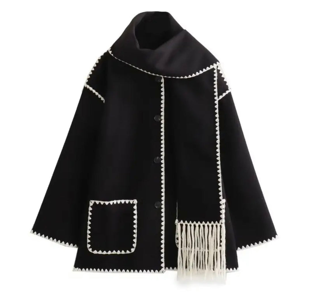 Levoire | Manteau Élégant Avec Garniture Noire Et Détails À Franges Noir