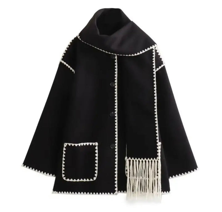Levoire | Manteau Élégant Avec Garniture Noire Et Détails À Franges Noir