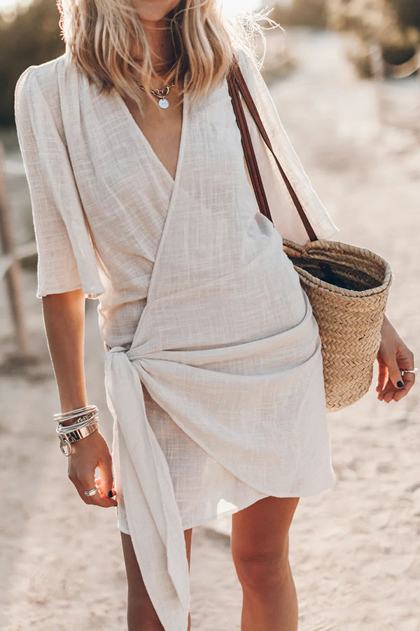 Levoire | Robe Bohémienne Portefeuille Avec Ceinture À Nouer Pour Femmes Beige