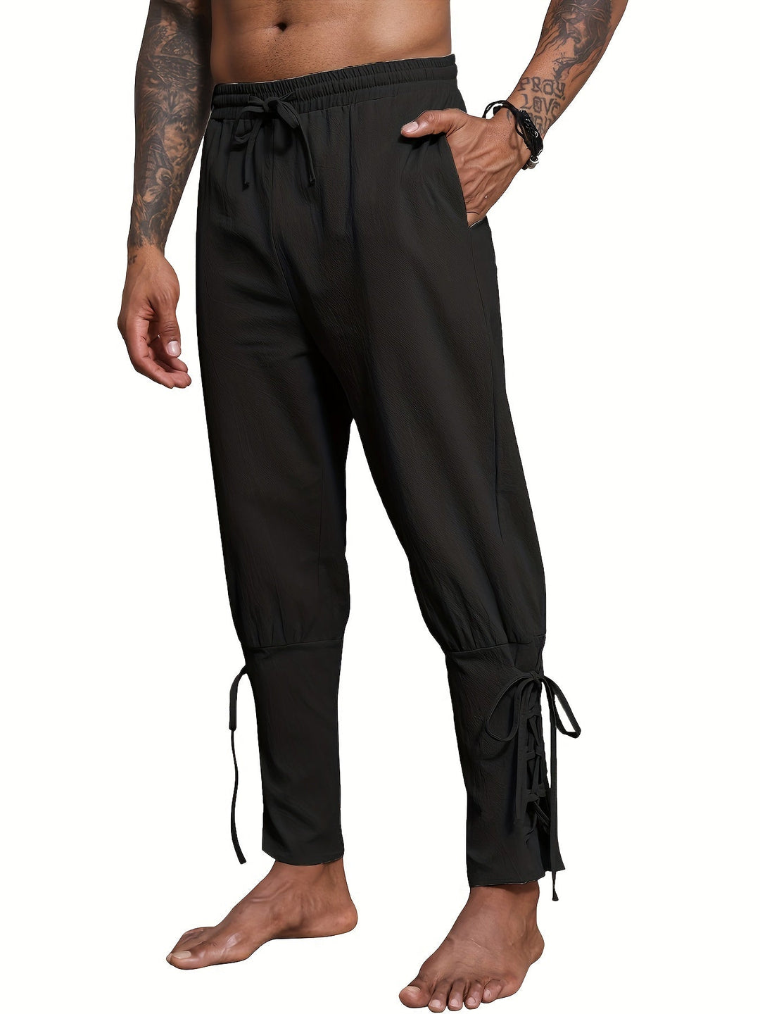 Levoire | Homme Coton Lin Mélange Bande De Publication Et Pantalon Harem