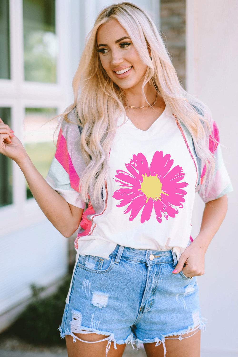 Levoire | Daisy Grafik V-neck T-shirt à manches longues