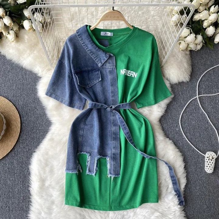 Levoire | Robe en denim patchwork à encolure ronde Vert Une taille
