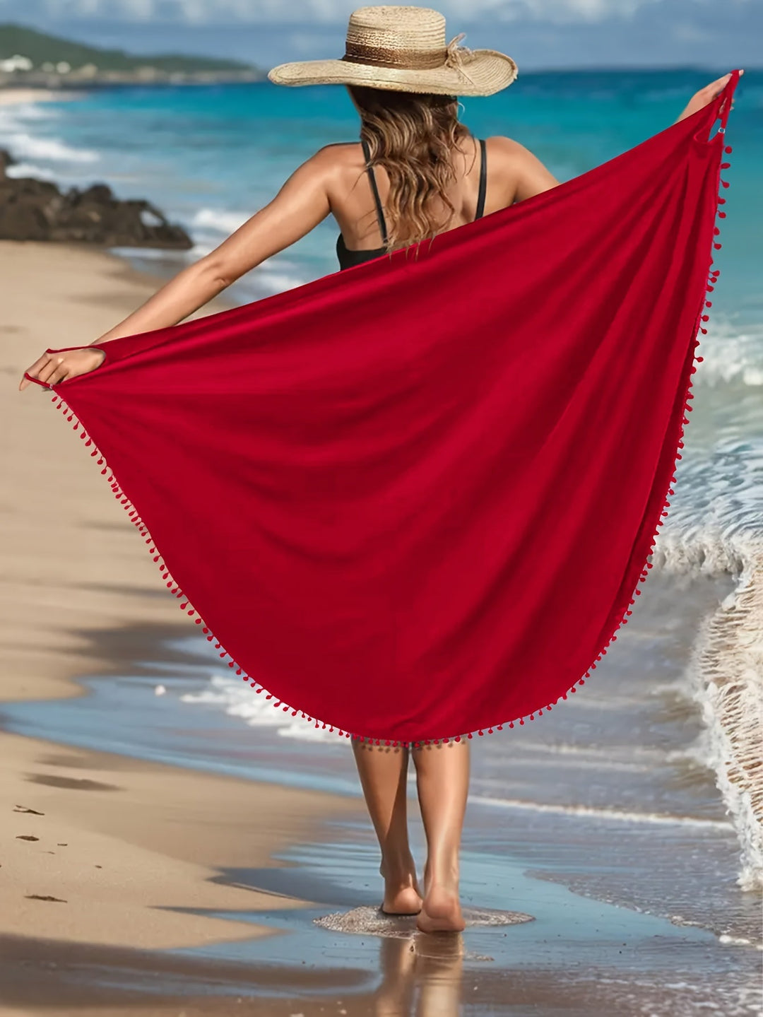 Levoire | Robe De Plage Maxi Unicolore Avec Des Décorations Pom Pom Et Décolleté En V