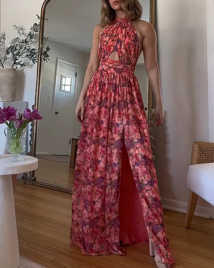 Levoire | Collier Croisé Dentelle Plissé Manches Maxi Robe Rose foncé