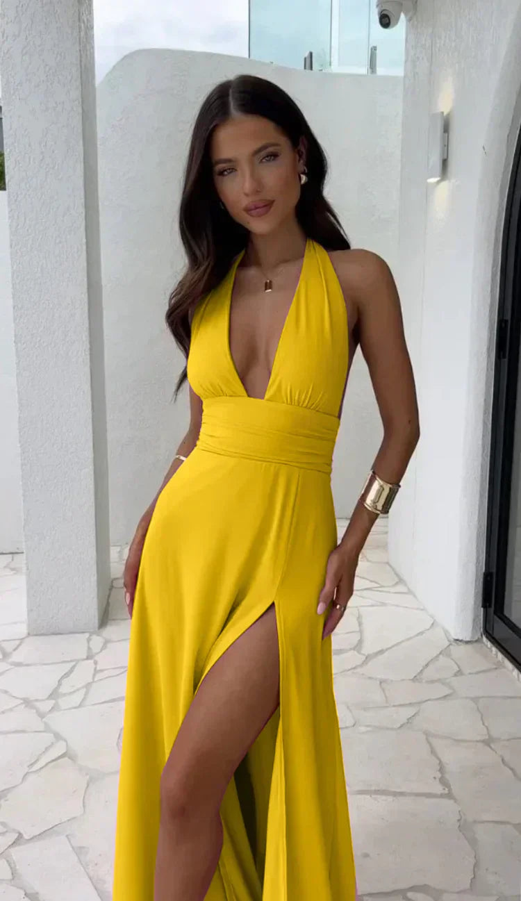 Levoire | Robe Sans Bretelles Élégante Avec Fente Pour Femmes Avec Fermeture Éclair Jaune