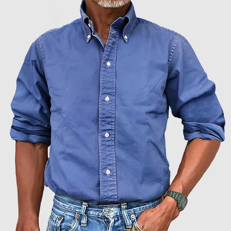 Levoire | Chemise Vintage Pour Hommes Avec Look Delave Et Manches Longues Bleu