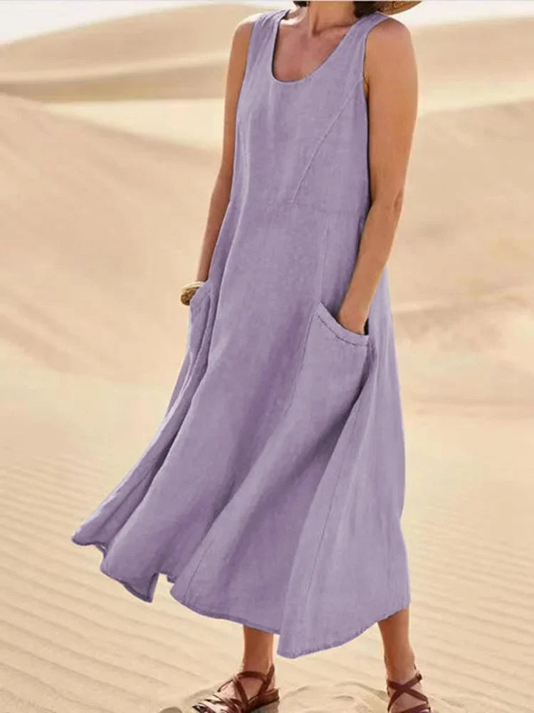 Levoire | Robe sans manches en coton et lin avec poches pour femme Pourpre