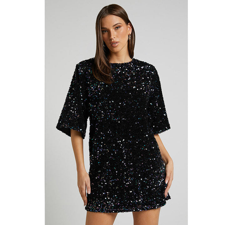 Levoire | Robe en velours à paillettes et à manches courtes à la mode Noir
