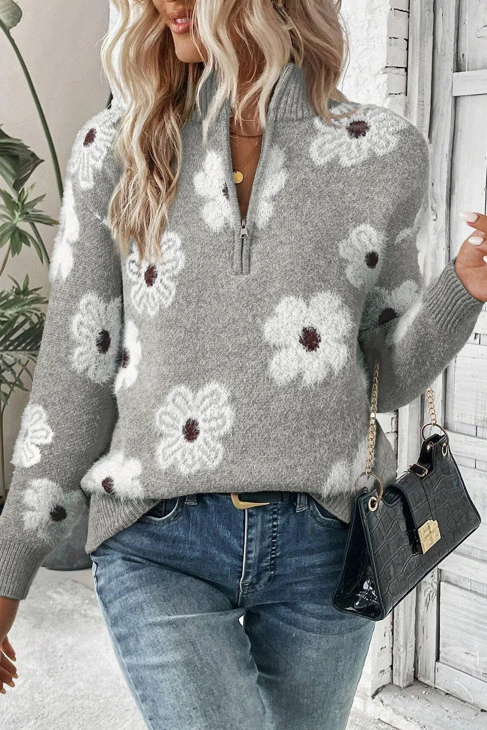 Levoire | Pull À Col Zippé Floral À Manches Longues Gris