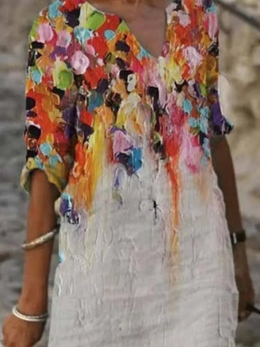Levoire | Robe femme en coton et lin avec encolure et imprimé peinture à l'huile