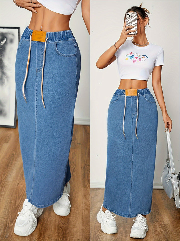 Levoire | Lavé Bleu Maxi Jean Jupe Avec Dos Fendu Et Ceinture À Nouer Bleu nuit