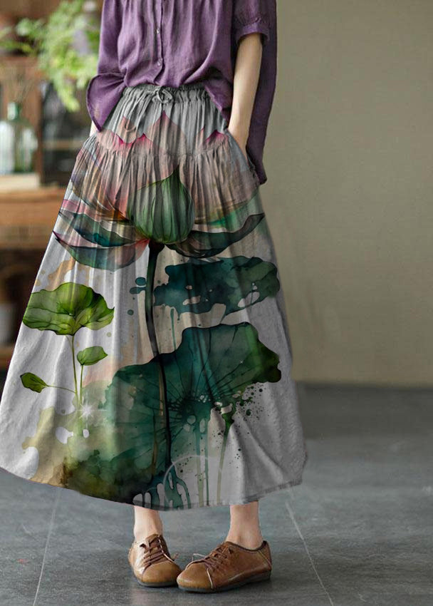 Levoire | Lilas Clair Élégant Jupe Plissée Patchwork Lin Été Fleurs blanches