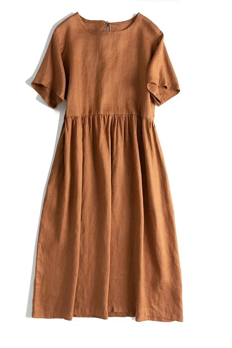 Levoire | Robes longues et amples pour femmes en lin de couleur pure costumes d'été décontractés Marron