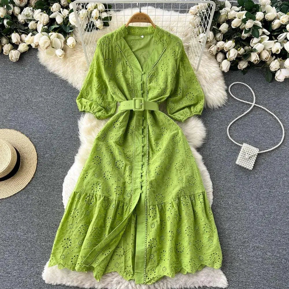 Levoire | Robe à col en V et manches bouffantes pour femmes Vert clair