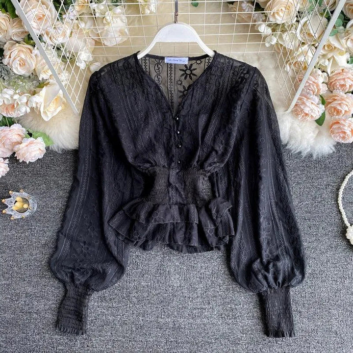 Levoire | T-shirt rétro brodé col en V Noir Une taille