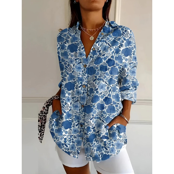 Levoire | Chemise À Manches Longues Imprimée Et Décontractée Pour - Femmes - Boutonnée Bleu Foncé