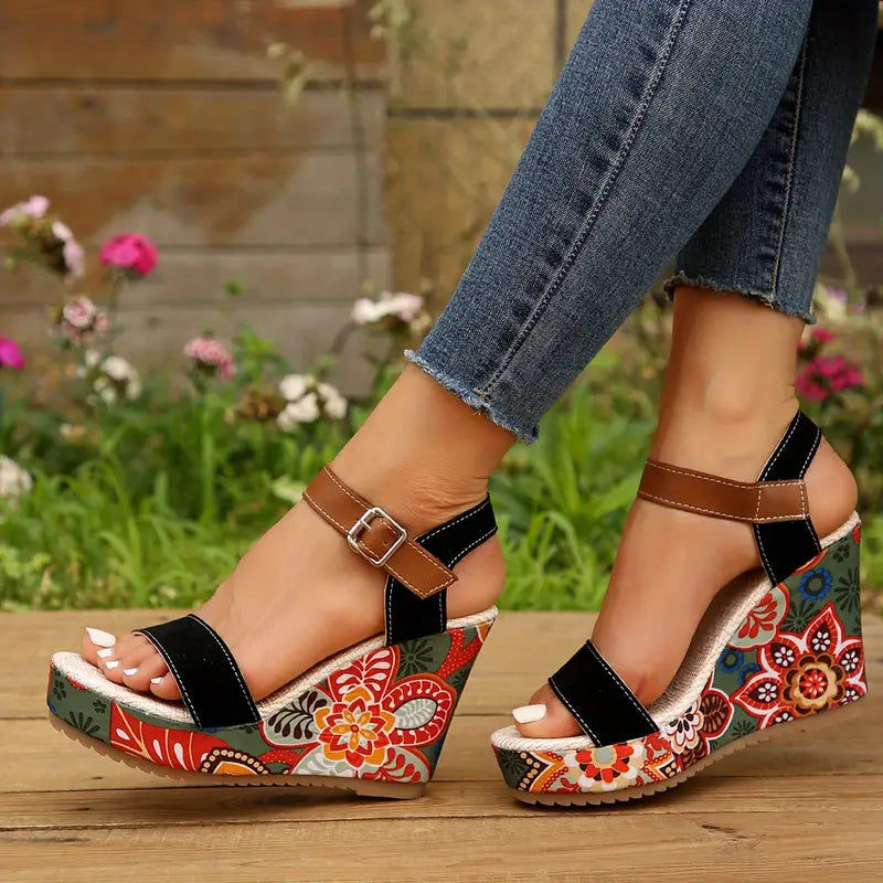 Levoire | Sandales Compensées Avec Motif Floral Pour Femmes Design Noir