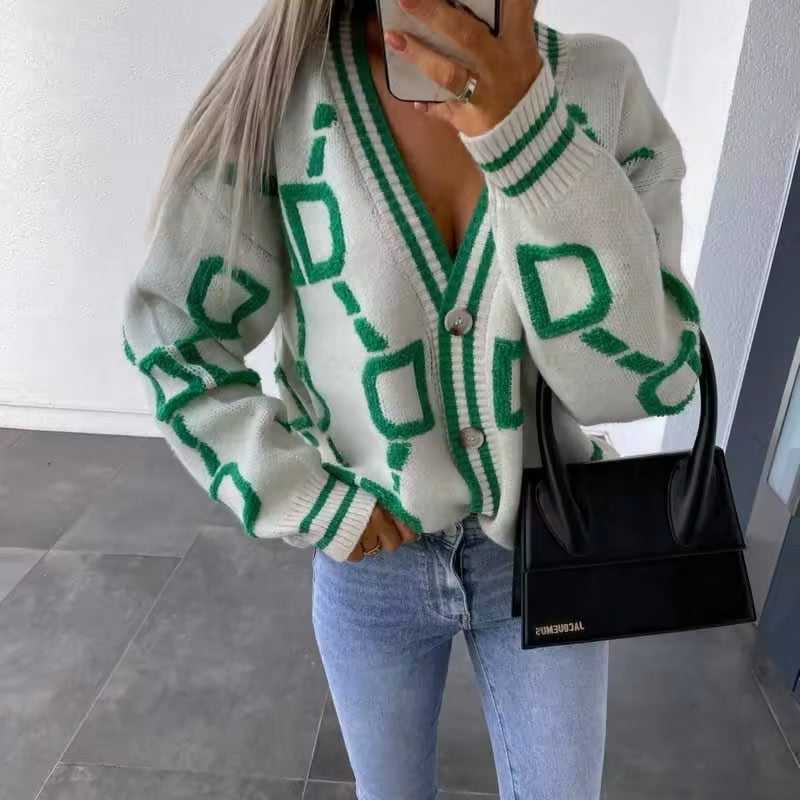 Levoire | Gilet En Tricot Rose Avec Des Motifs Géométriques Verts Blanc Taille unique