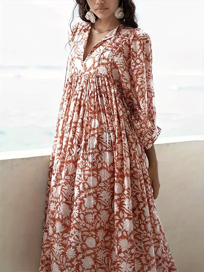 Levoire | Robe Maxi Boho Décontractée Avec Noeuds Décolleté En V Et Manches Courtes