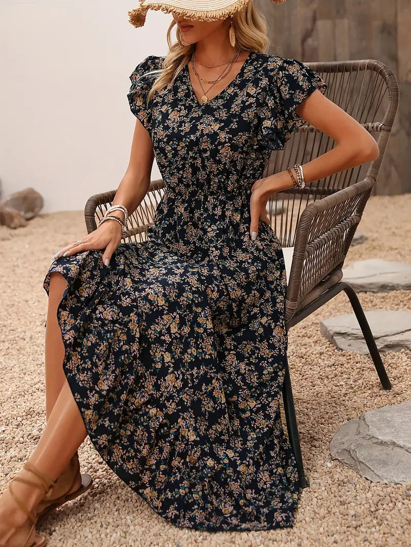 Levoire | Robe Florale Avec Décolleté En V Et Élégantes Manches À Volants