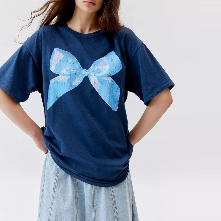 Levoire | T-shirt papillon pour femmes, style simple, col rond et manches courtes Bleu