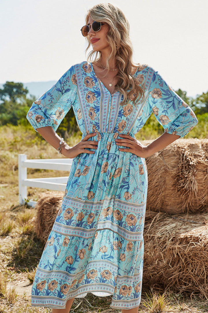 Levoire | Robe de plage boho décolleté en V taille haute Bleu
