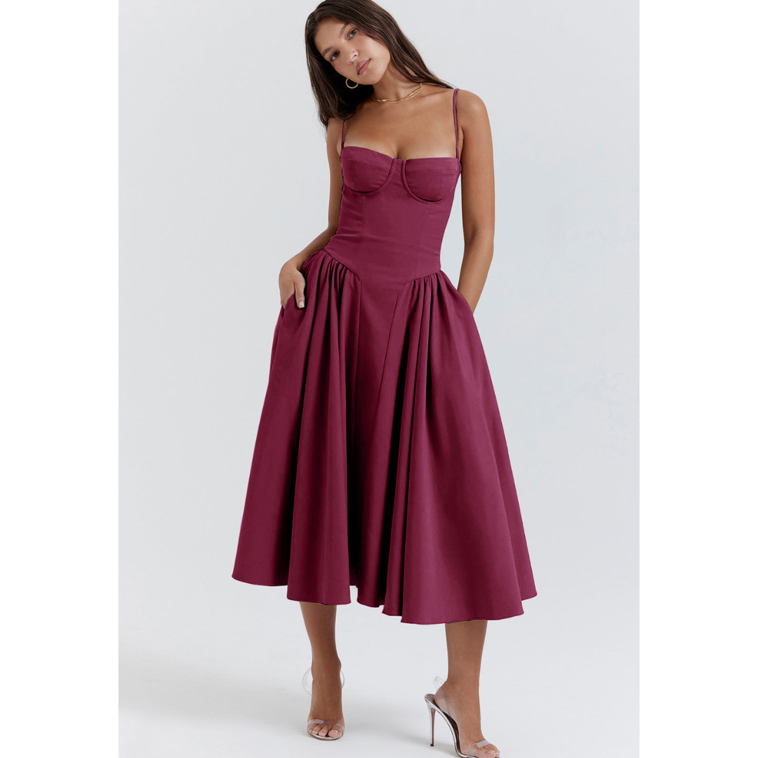 Levoire | Robe D'Invite De Mariage D'Été Plissée À Bretelles Spaghetti - Maxi Rouge Prune
