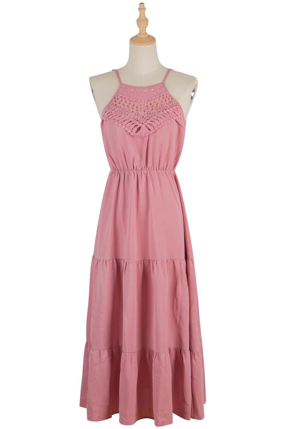 Levoire | Robe de plage boho en crochet à bretelles maxi longue Rosa