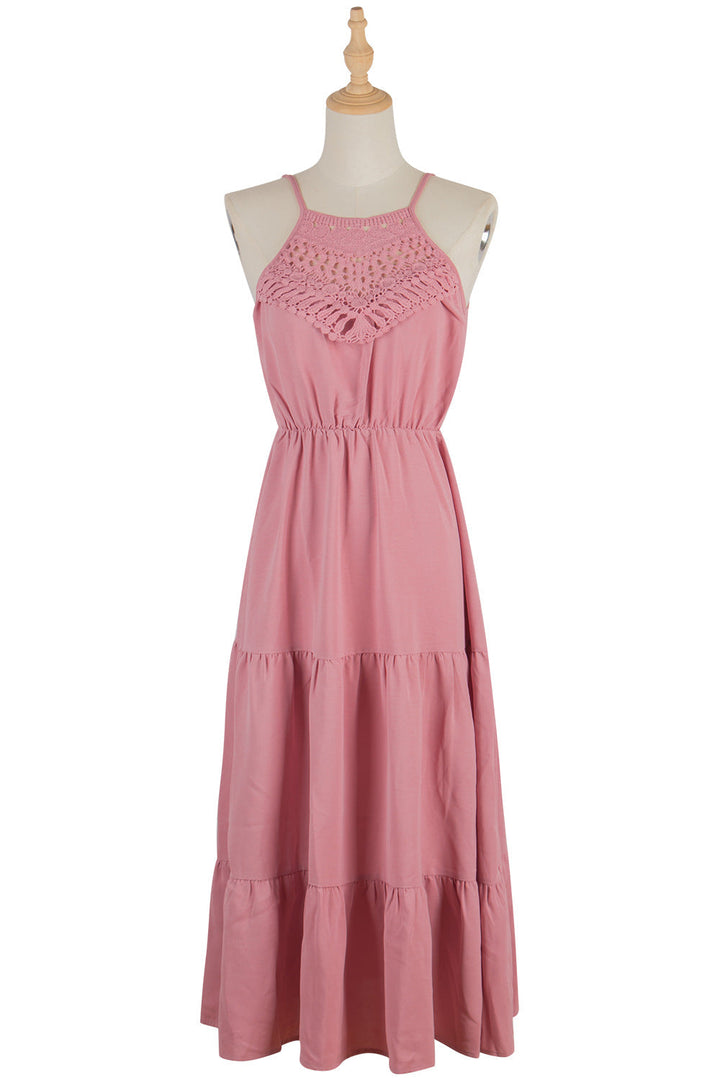 Levoire | Robe de plage boho en crochet à bretelles maxi longue Rosa