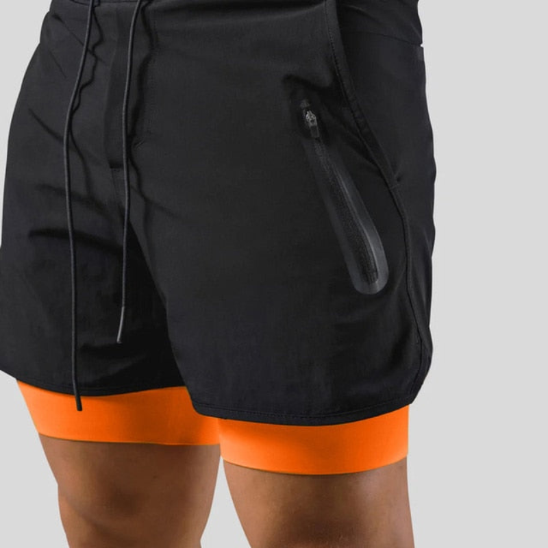 Levoire | Hommes 2 en 1 Pantalon de sport Entraînement Fitness Leggings à double couche Pour hommes Noir-Orange sans logo