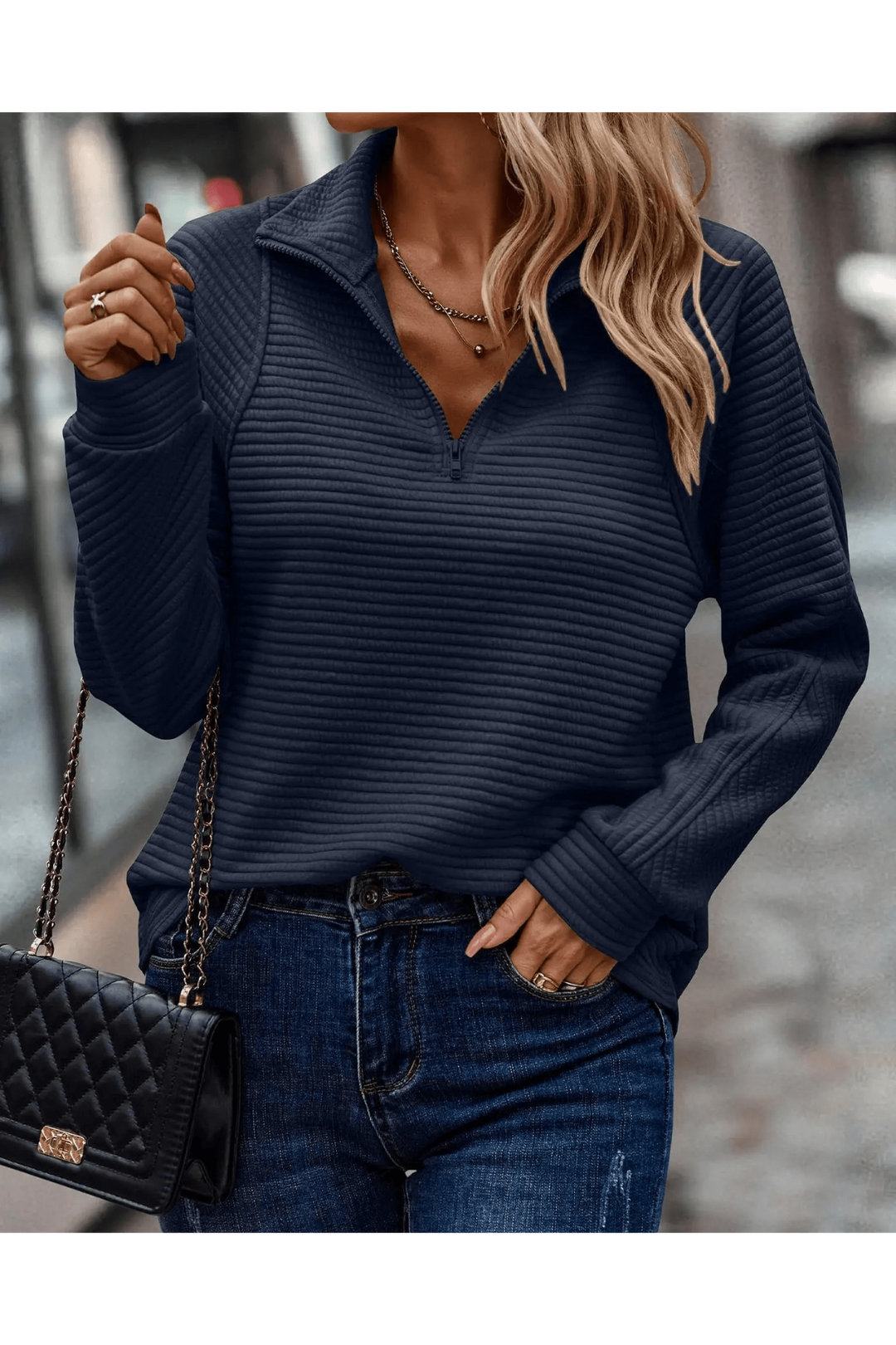 Levoire | Encolure En V Pull Femmes Style Élégant Bleu foncé