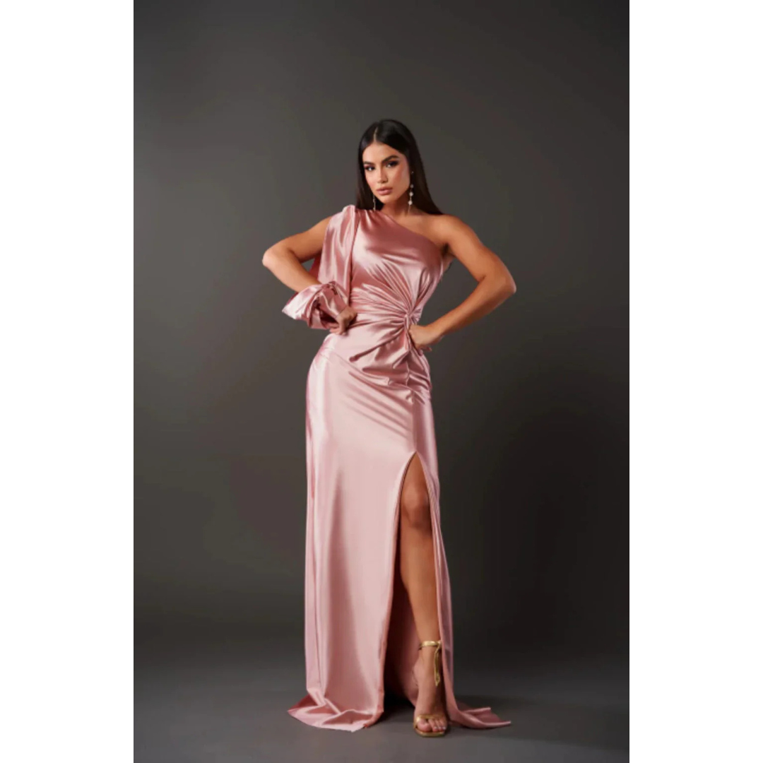 Levoire | Robe D'Invité De Mariage Pour Femme À Épaules Simples Et Manches Drapées - Maxi Rose Clair