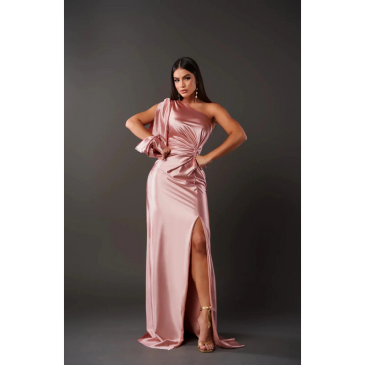 Levoire | Robe D'Invité De Mariage Pour Femme À Épaules Simples Et Manches Drapées - Maxi Rose Clair