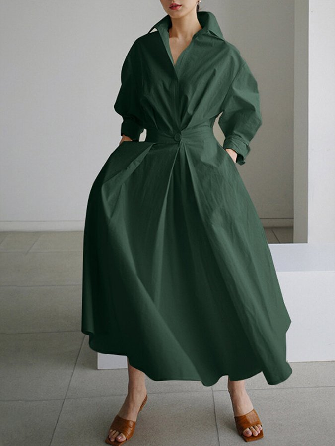 Levoire | Robe Maxi Femme Poche Unie Revers Boutons Manches Longues