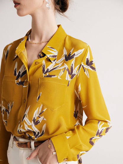 Blouse Imprimée en Soie de Mûrier avec Poches Poitrine