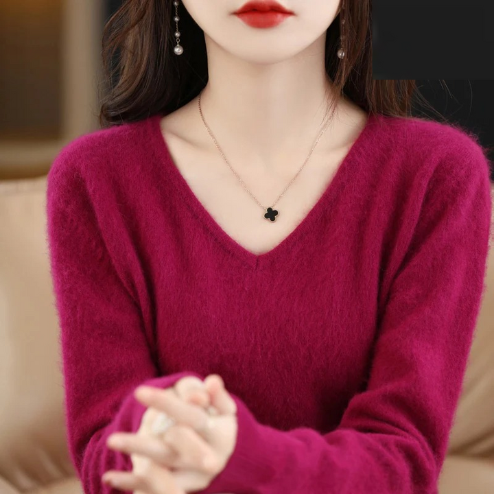Levoire | Pull en cachemire pour femmes À col en V Léger et doux Rose foncé
