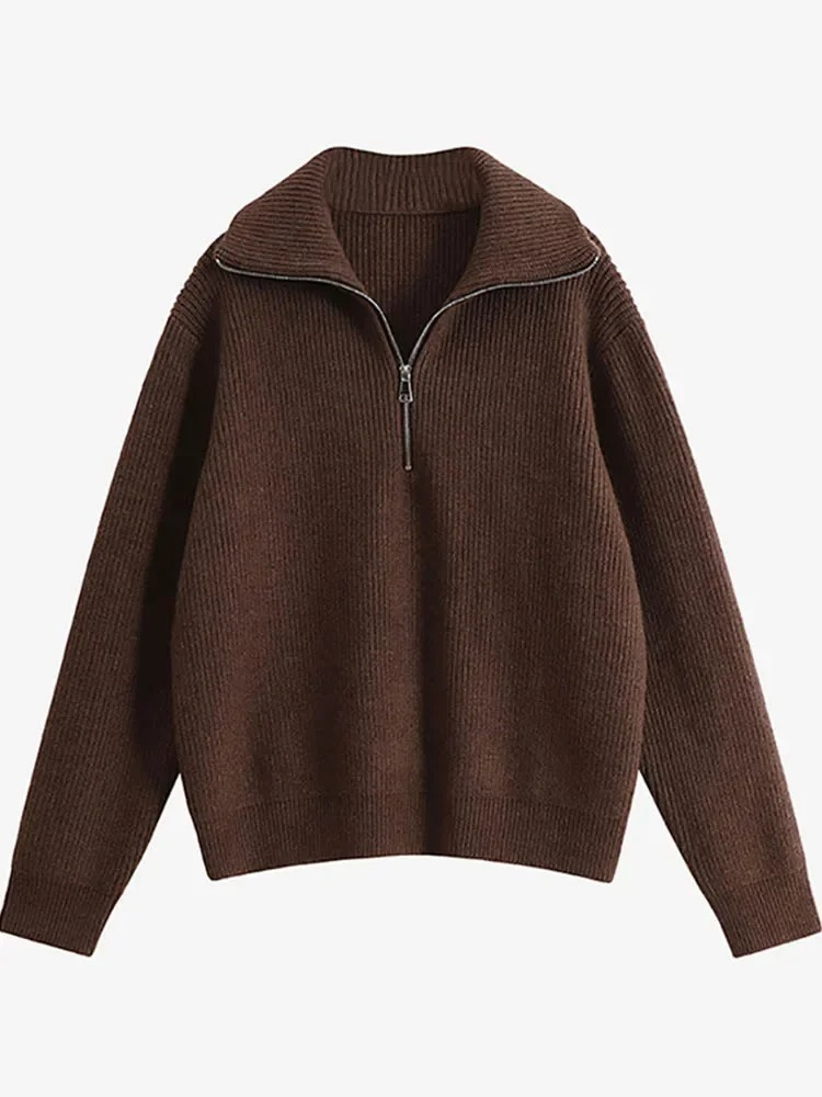 Levoire | Pull en maille pour femmes avec fermeture éclair et motifs pelucheux Orange foncé
