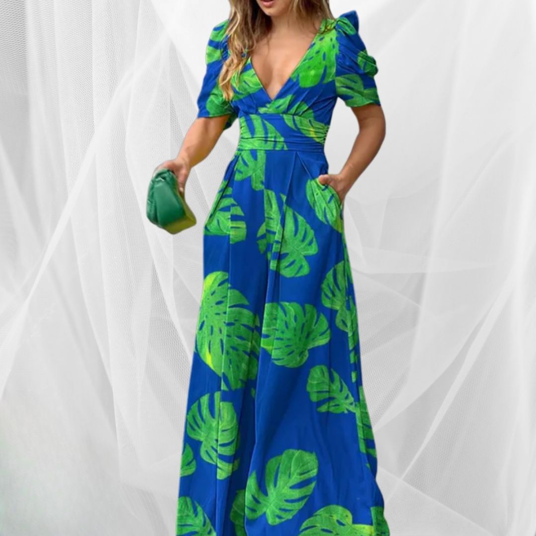 Levoire | Robe Décolleté V Imprimé Stylé Bleu Vert