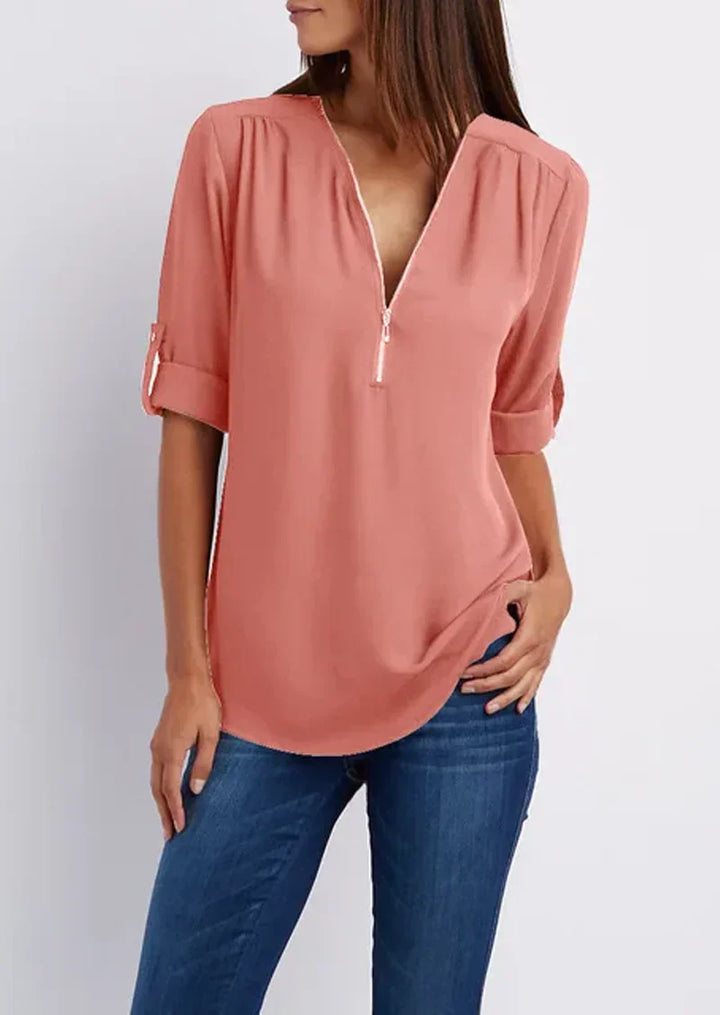 Levoire | Blouse Élégante À Zip Avec Décolleté En V Pour Femmes Rose clair