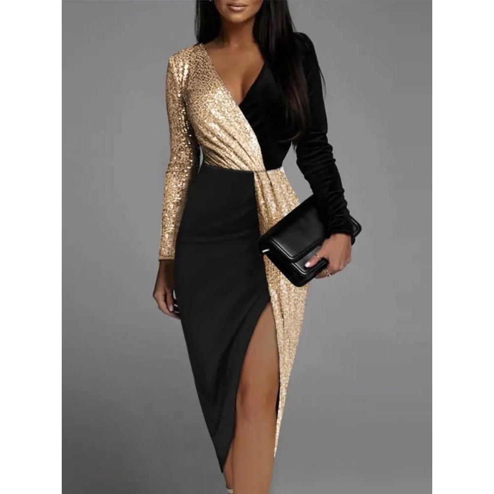 Levoire | Robe midi de soirée élégante avec paillettes pour femmes Noir Or