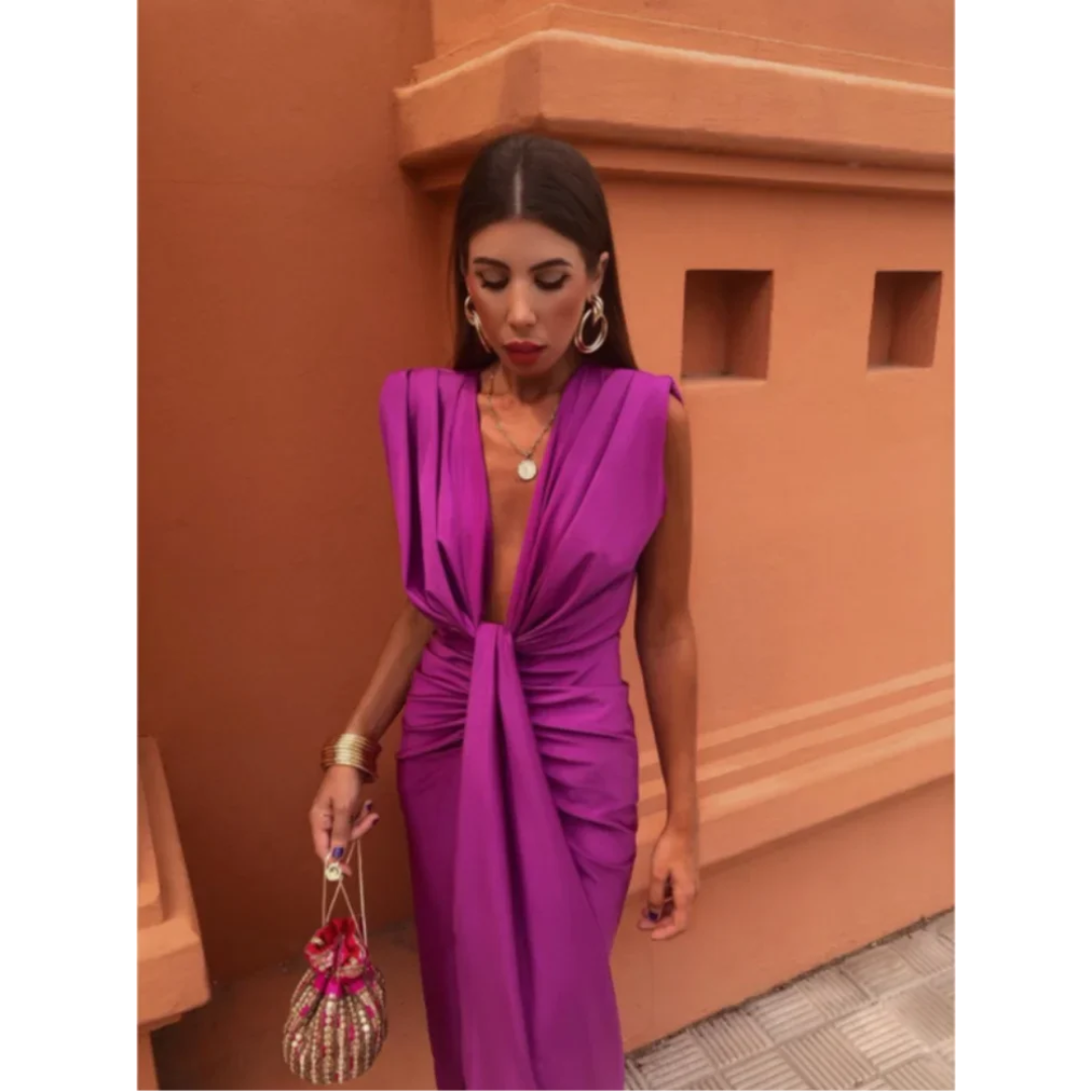 Levoire | Robe D'Invite De Mariage Froncée Sans Manches Pour - Femmes - Midi Rose foncé