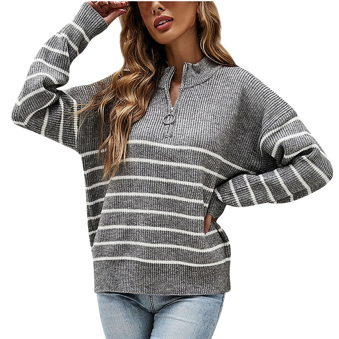 Levoire | Pull à zip pour femmes Modèle rayé, Ajustement flexible Gris-Blanc