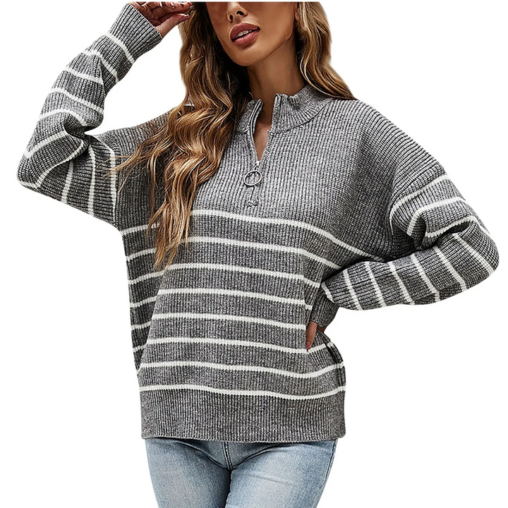 Levoire | Pull à zip pour femmes Modèle rayé, Ajustement flexible Gris-Blanc