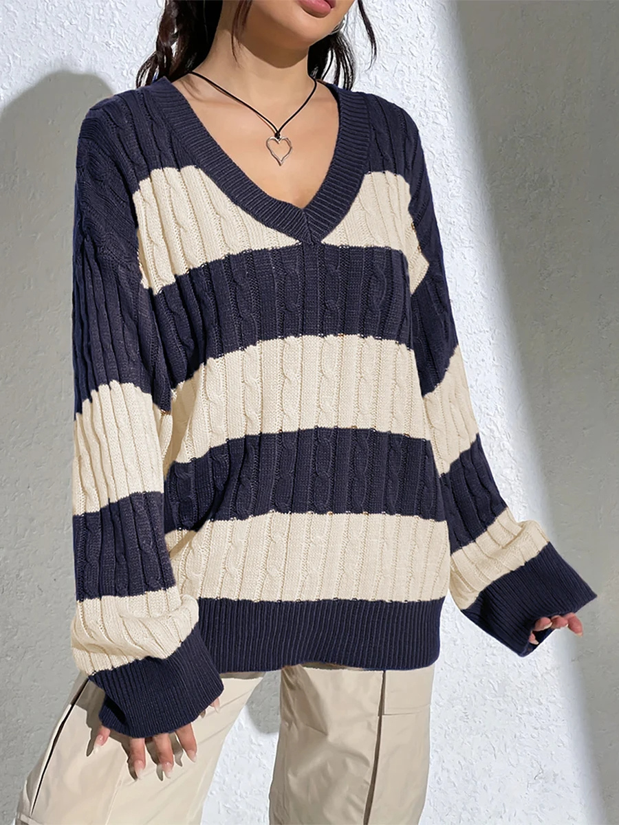 Levoire | Pull en laine Femme Col en V Pull rayé, Pull décontracté Bleu-bleu