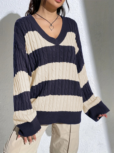 Levoire | Pull en laine Femme Col en V Pull rayé, Pull décontracté